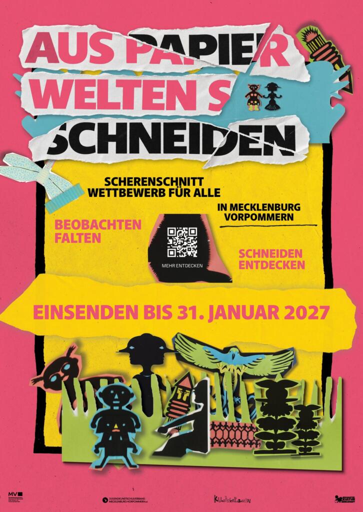 Plakat zum Scherenschnitt-Wettbewerb „Aus Papier Welten schneiden“, Einsenden bis 31. Januar 2027