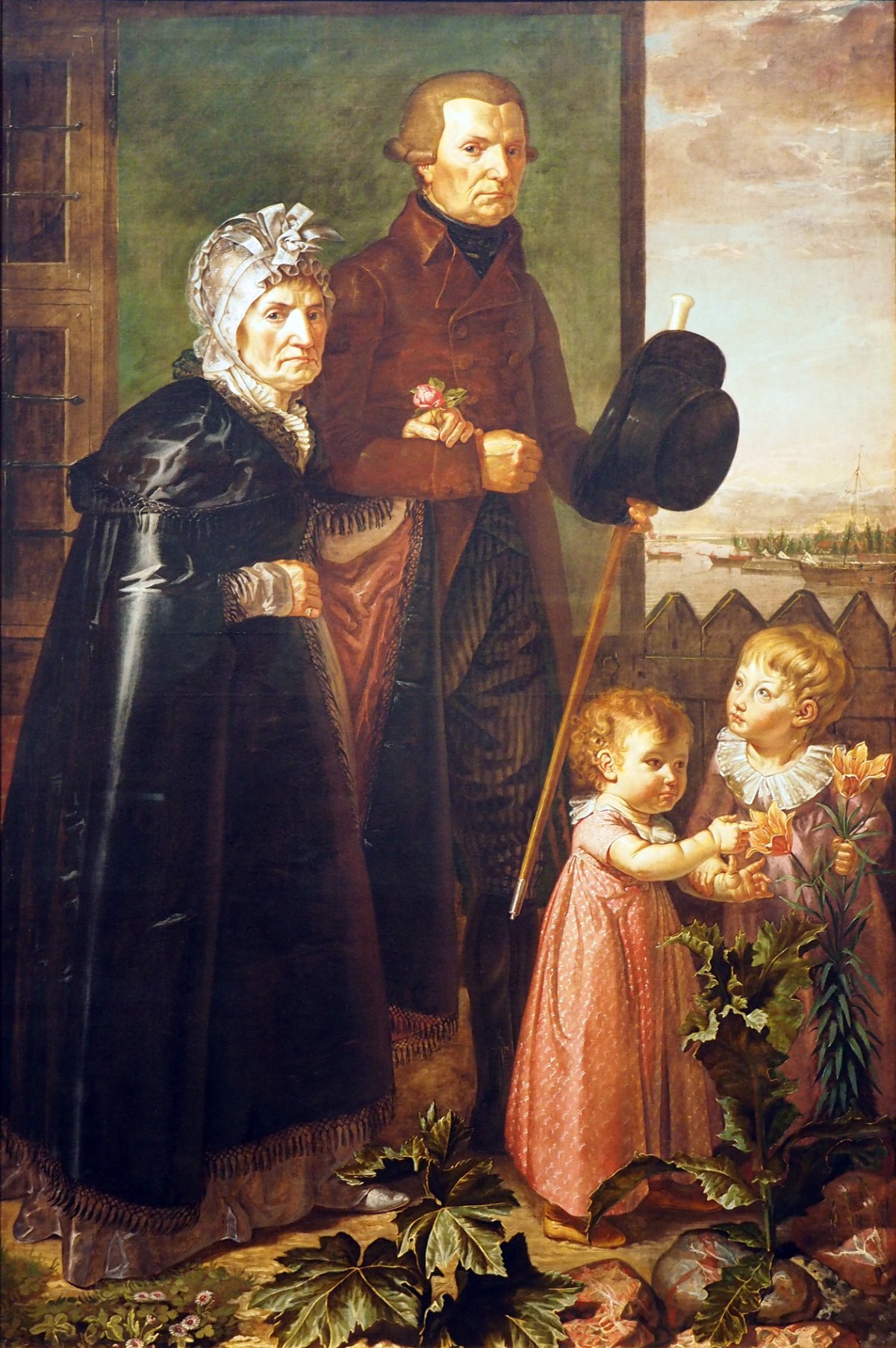 Philipp Otto Runge, Bildnis der Eltern des Künstlers, 1806: die Eltern im Sonntagsstaat vor ihrem Haus, daneben zwei kleine Kinder an einer Feuerlilie