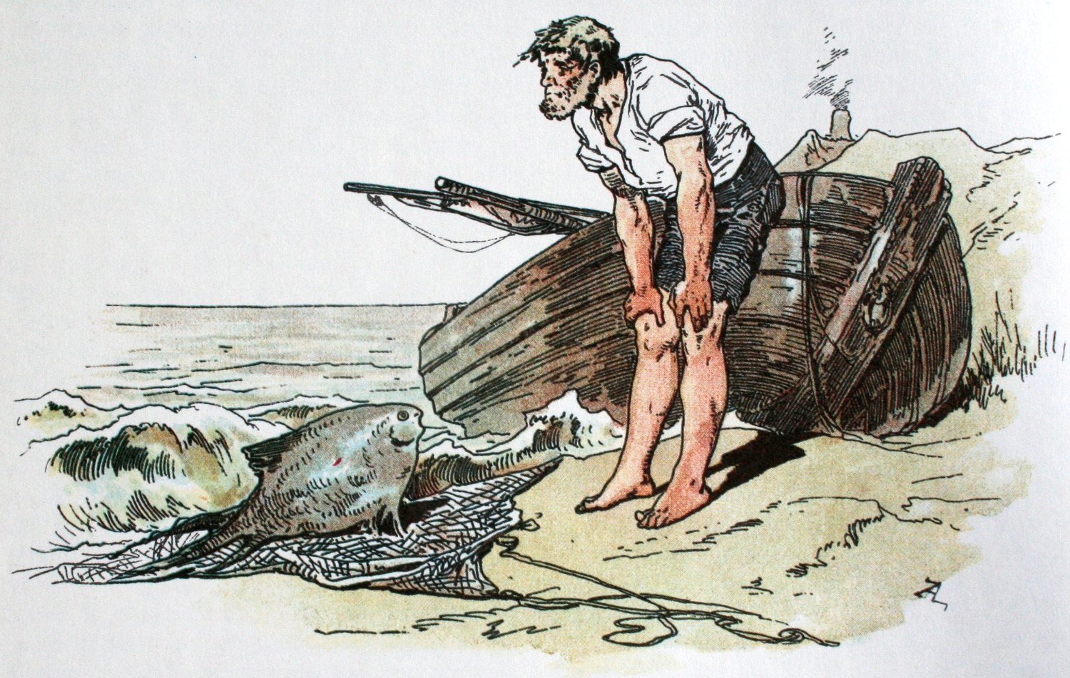 Der Fischer am Strand neben seinem Boot, im Netz ein großer Butt